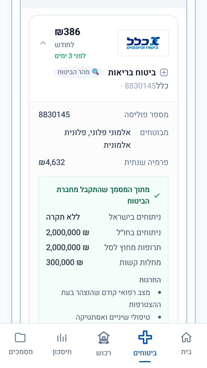בתוך פוליסת הבריאות — הכיסויים מתוך מסמך חברת הביטוח